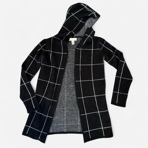 Black Windowpane Hooded Open Cardigan Sweater
